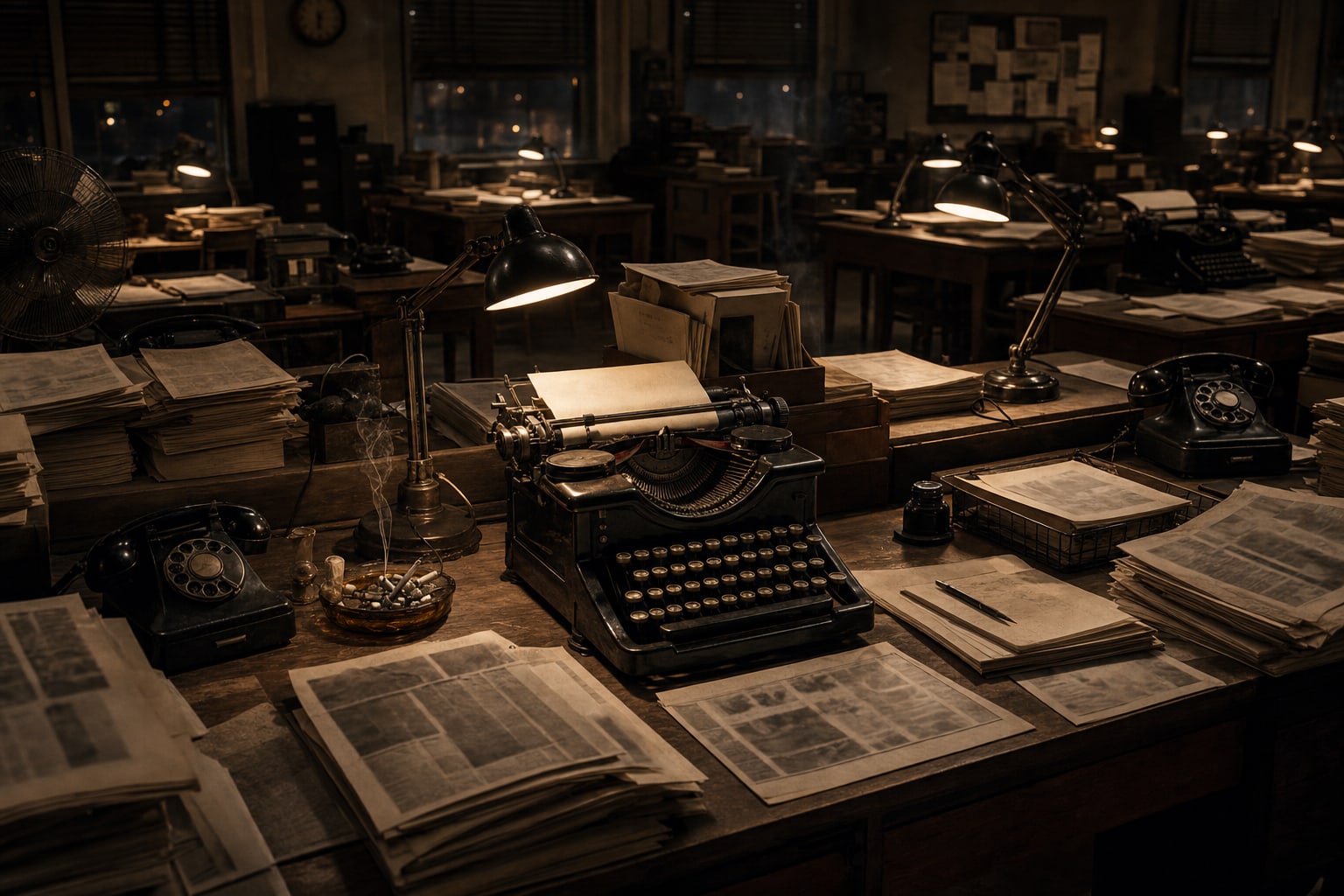 A 1940s Los Angeles newsroom represents the media machinery that consumed the Black Dahlia case.