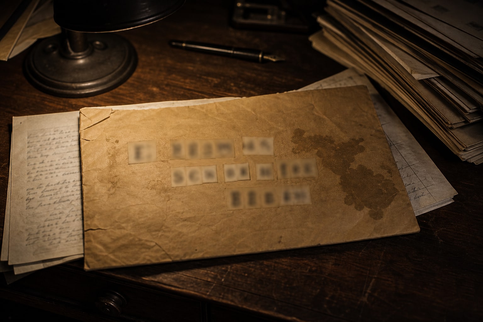 A manila envelope on a detective's desk represents the mailed Black Dahlia case materials sent to the press.