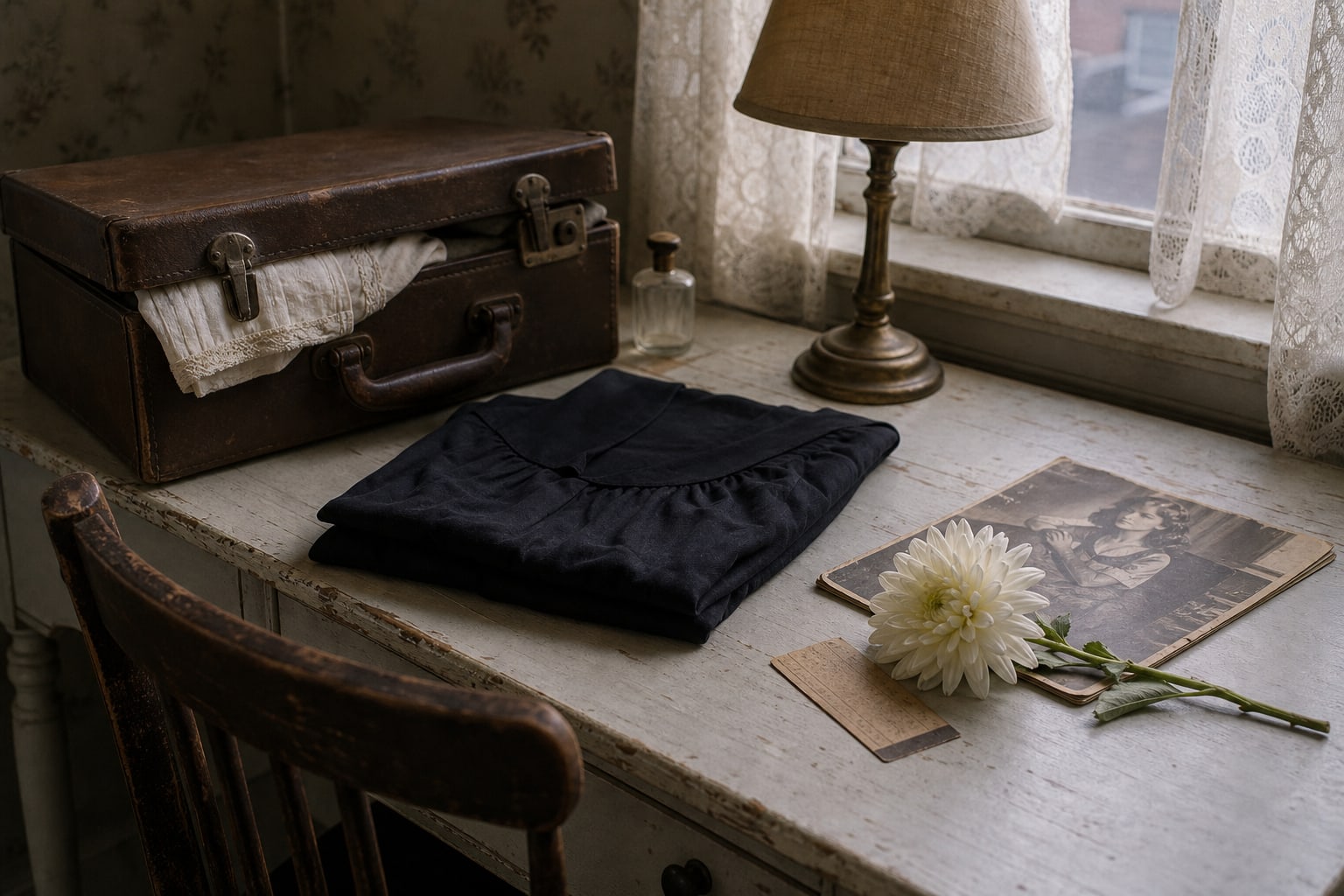 A suitcase, dark dress fabric, and a white dahlia represent Elizabeth Short before the Black Dahlia myth.
