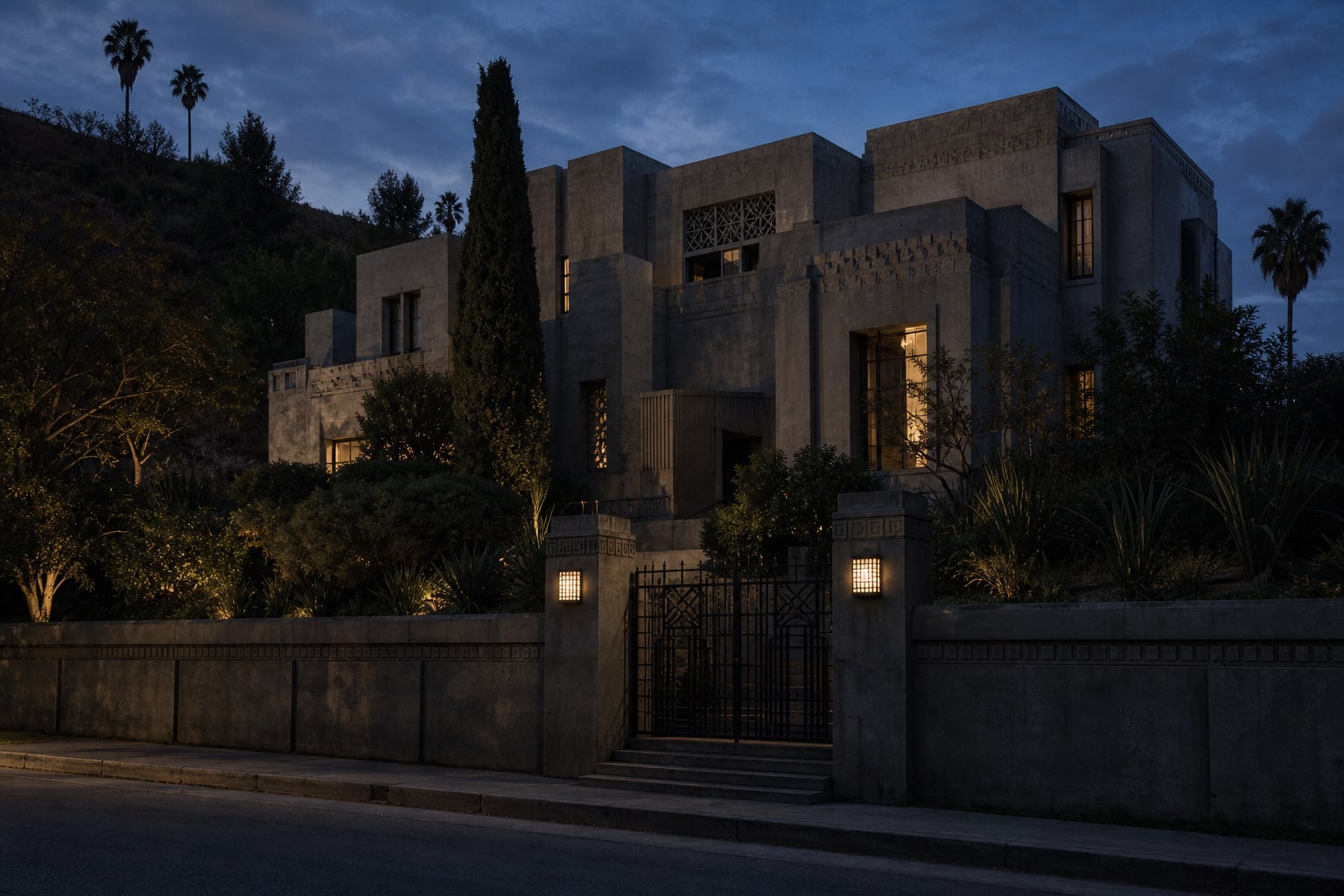 A shadowed Mayan Revival-style Hollywood house represents the disputed George Hodel theory in the Black Dahlia case.