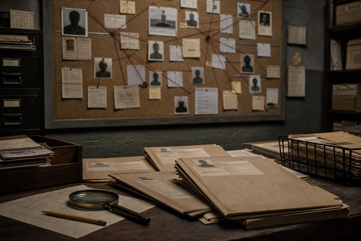 A 1940s investigation board represents the many disputed suspect theories in the Black Dahlia case.