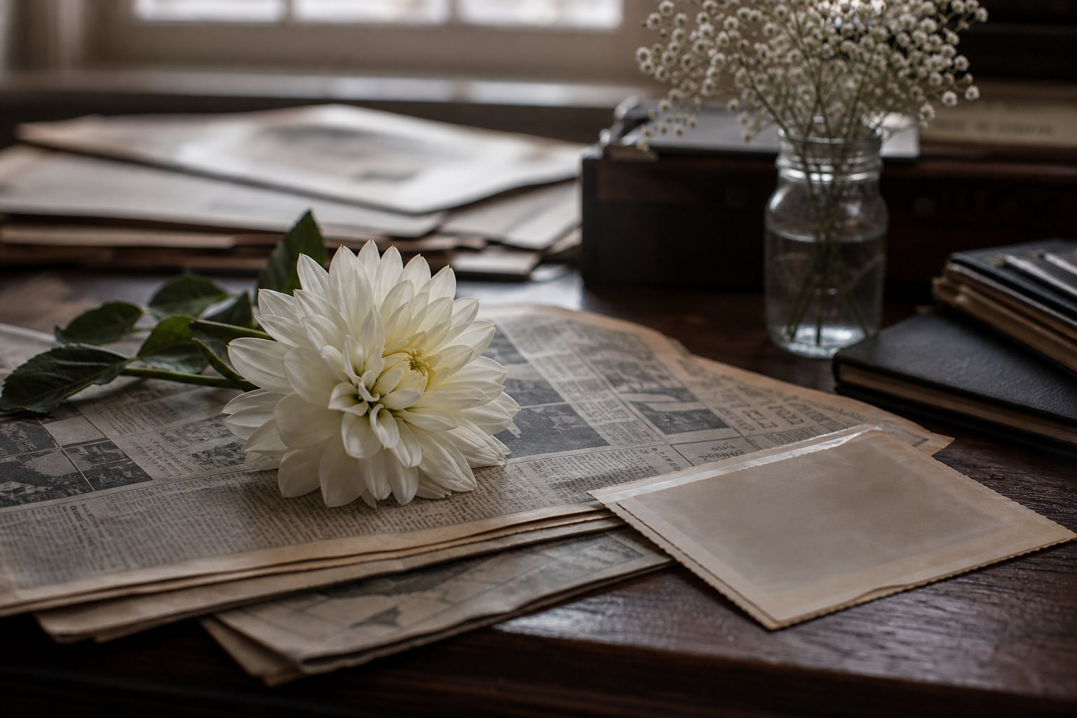 A white dahlia resting on blurred archive newspapers represents Elizabeth Short beyond the Black Dahlia myth.
