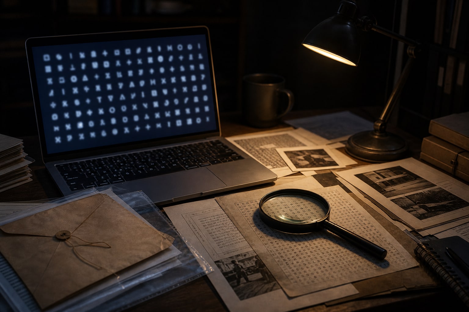 A modern research desk with blurred cipher material represents recent disputed code theories around the Black Dahlia case.