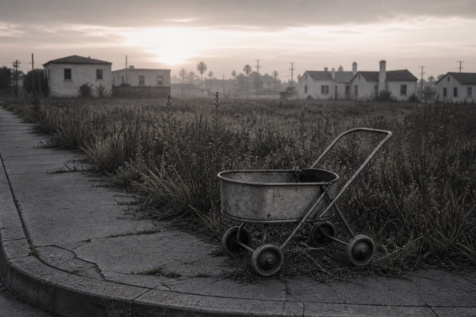 A quiet 1947 Los Angeles vacant lot at dawn represents the place where Elizabeth Short was found.