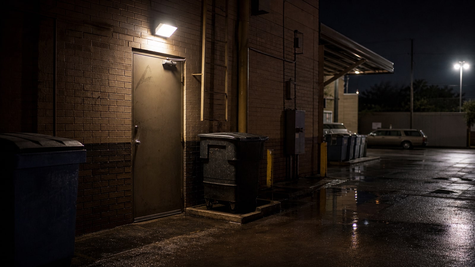 A wet rear service alley behind a 1970s fast-food restaurant, representing the back-door robbery theory in the Burger Chef case.