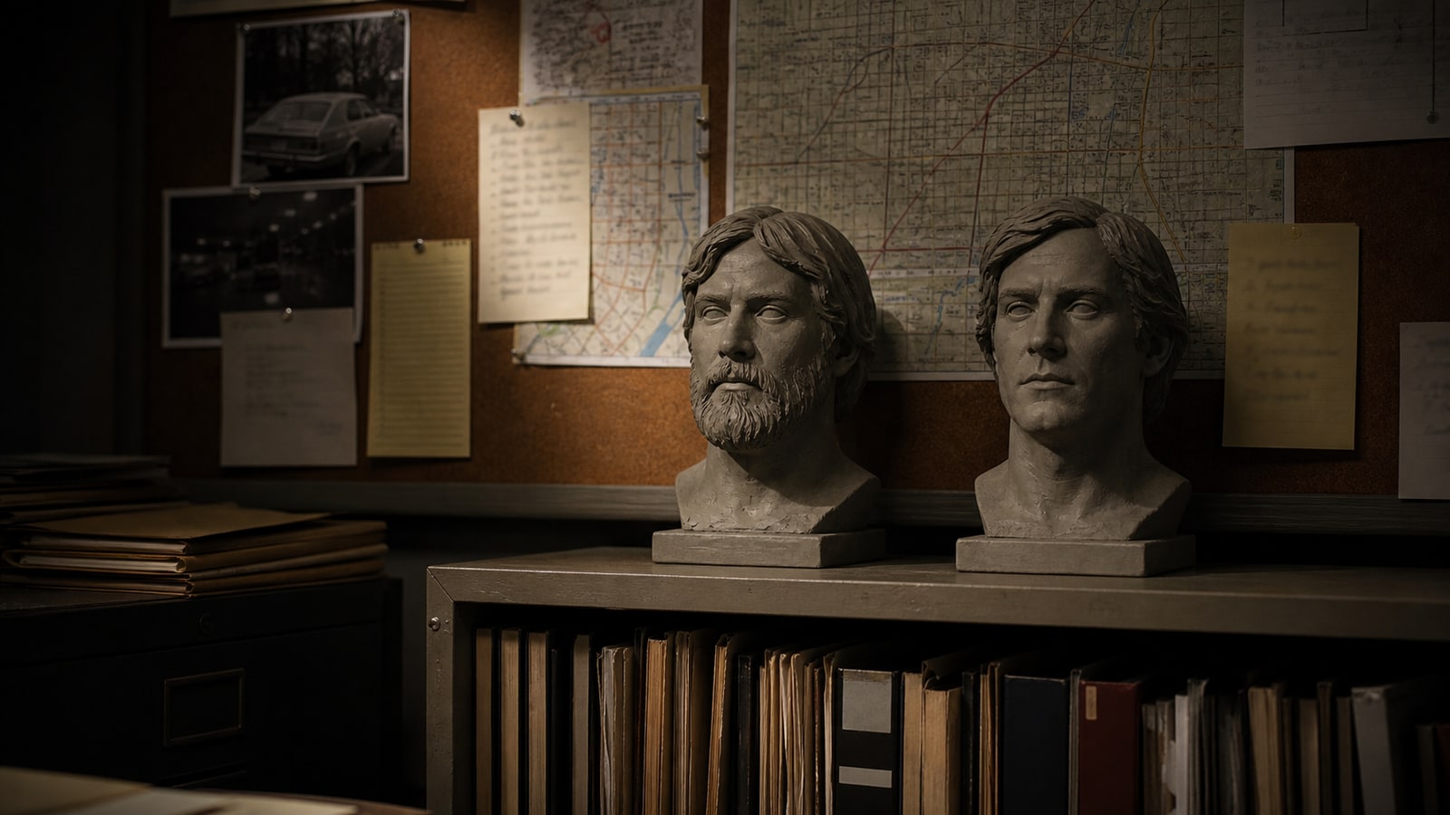 Two generic clay suspect busts sit beneath a 1970s police bulletin board, representing the analog search for men seen near the Burger Chef.