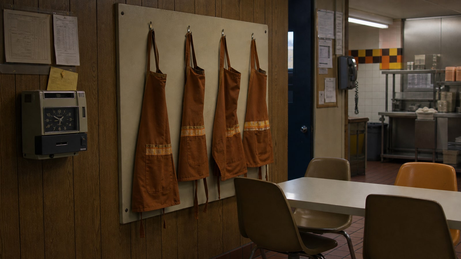 Four empty fast-food aprons hang in a 1970s employee break area, representing the young Burger Chef workers on the closing shift.