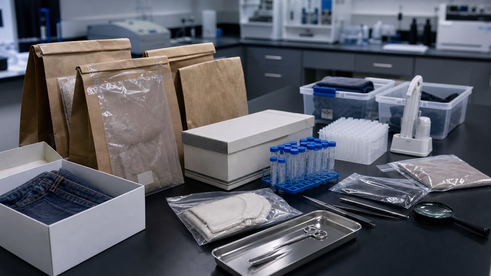 A modern cold-case lab table with preserved paper evidence bags and DNA tools, representing renewed forensic possibilities in the Burger Chef Murders.