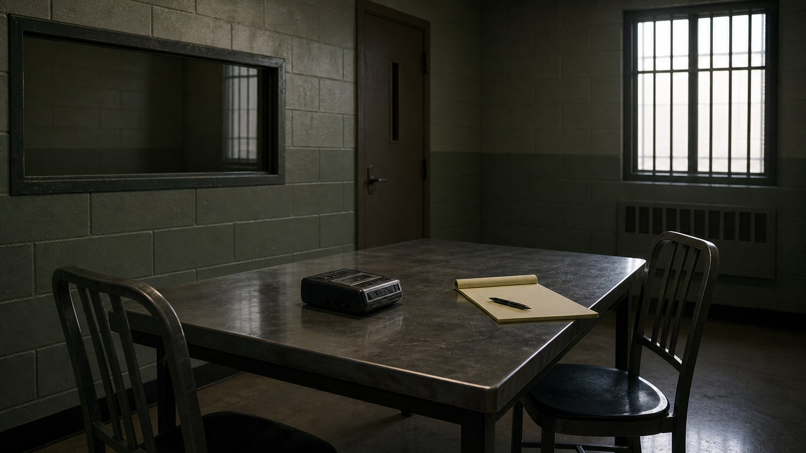An empty prison interview room with a cassette recorder and legal pad, representing Donald Forrester's recanted confession in the Burger Chef case.