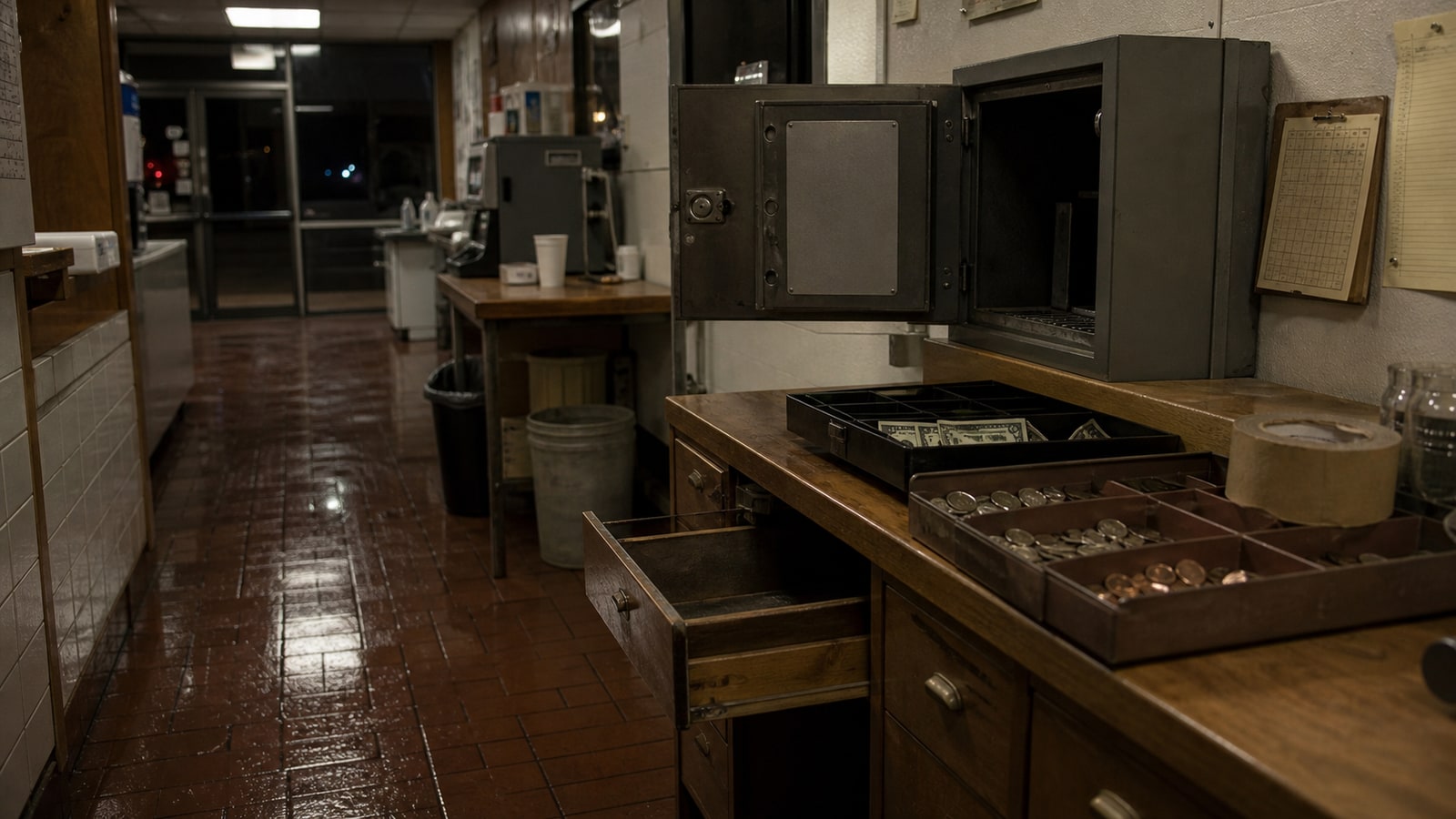 An open safe and pulled cash drawers inside a 1970s fast-food office, representing the lost first hour of the Burger Chef Murders investigation.