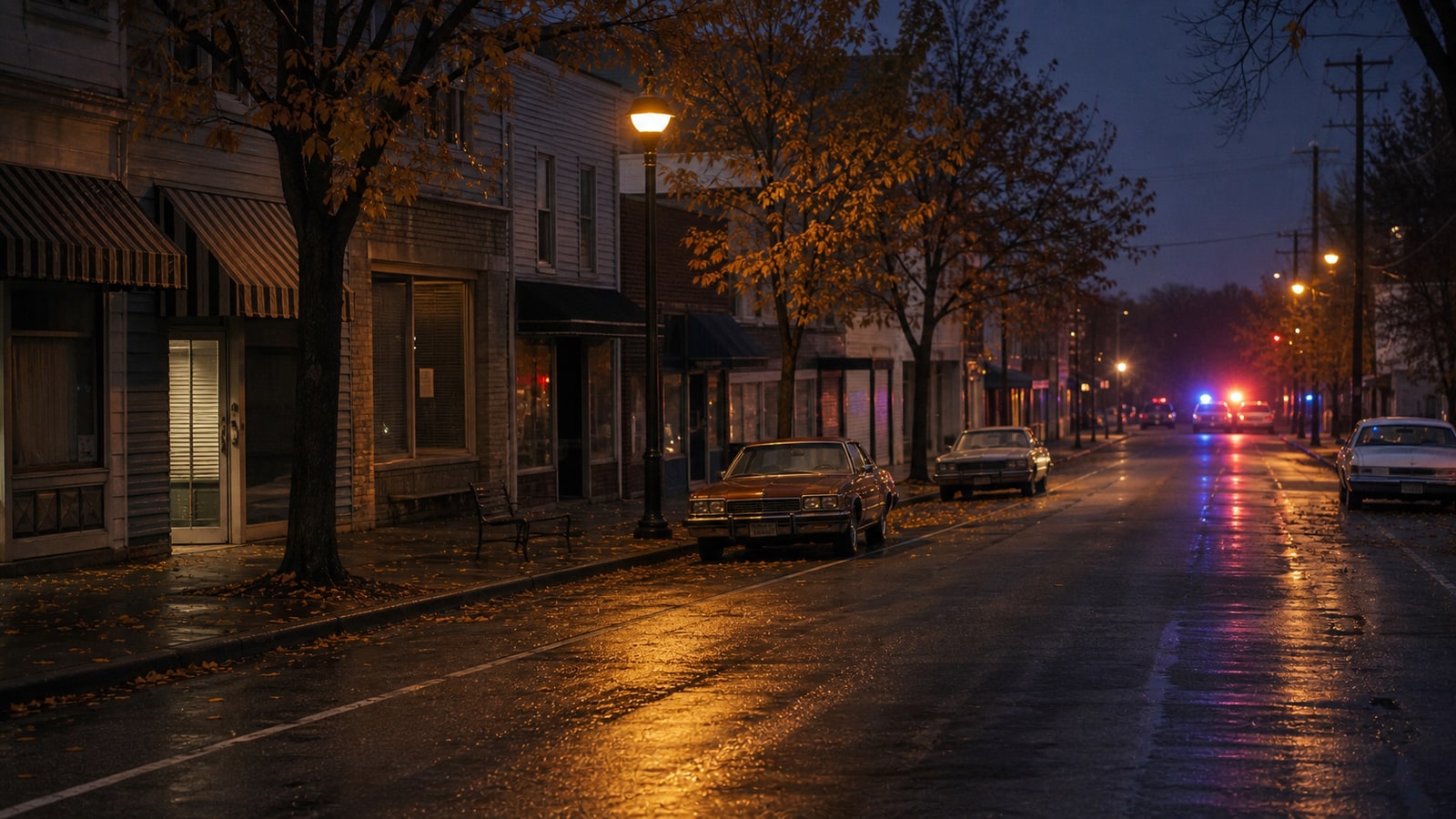 A quiet 1970s small-town street with distant emergency lights, representing Speedway, Indiana after the Burger Chef Murders.