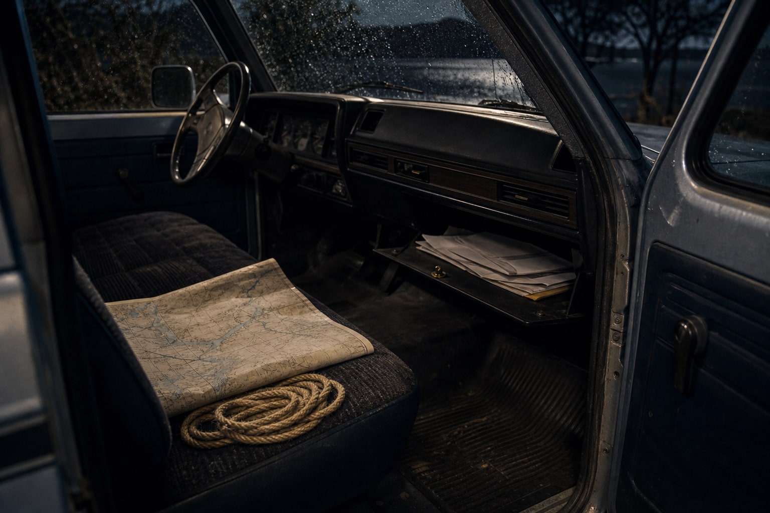 An open 1980s vehicle interior with a glove box, river chart, and rope represents authority and water theories in the Colonial Parkway case.