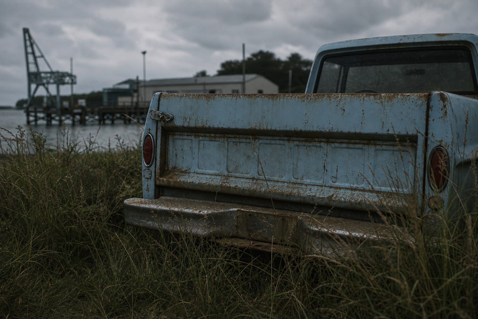 A rusted light blue 1960s pickup near marsh grass represents Alan Wade Wilmer Sr. and the Colonial Parkway investigation.