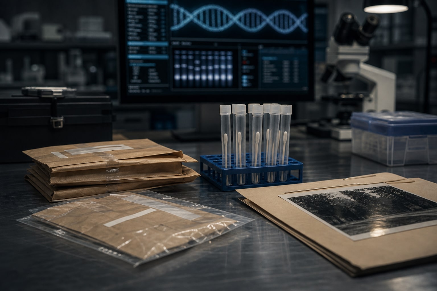 A forensic lab bench with old evidence envelopes and DNA analysis imagery represents the Colonial Parkway DNA breakthrough.