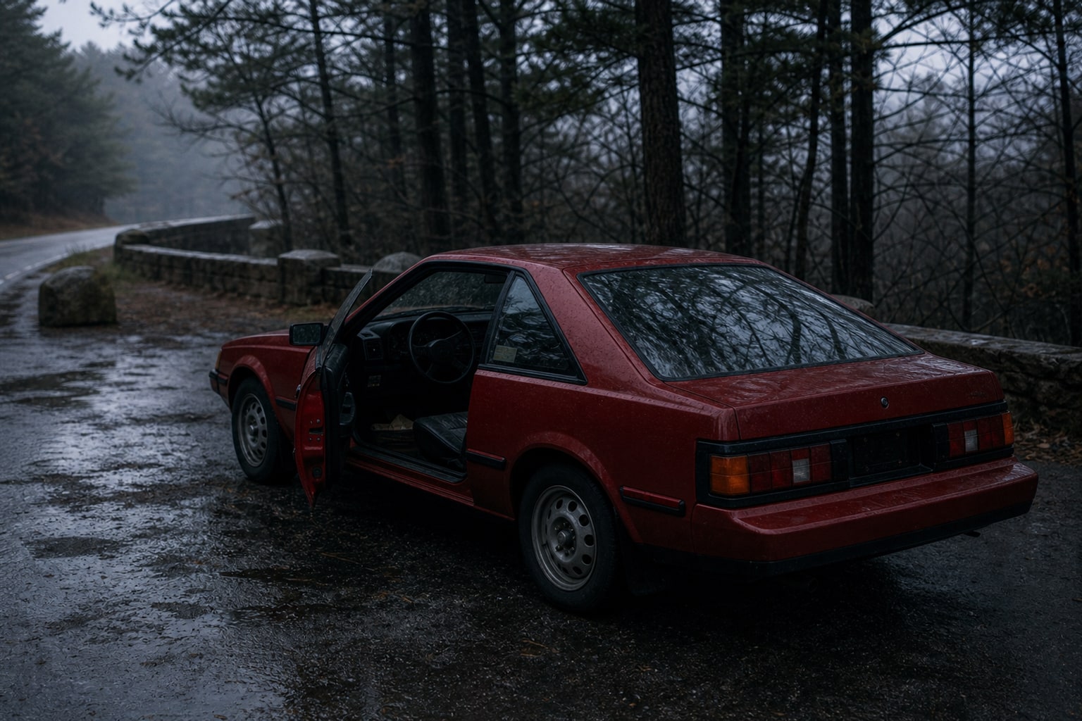 An empty red 1980s coupe at a wooded overlook represents the disappearance of Keith Call and Cassandra Hailey.