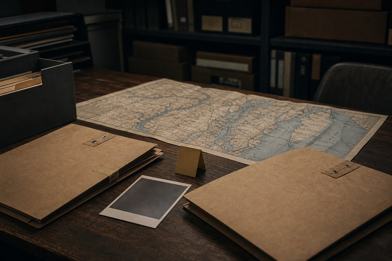 A Tidewater evidence table with folders and a regional river map represents cases outside the Colonial Parkway label.