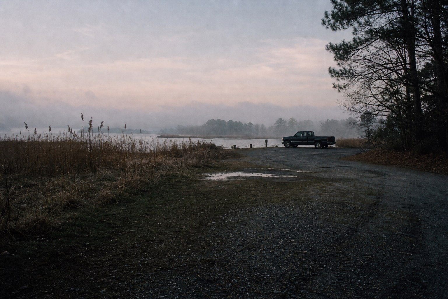 A foggy marsh parking area near the James River represents the Ragged Island Colonial Parkway case.