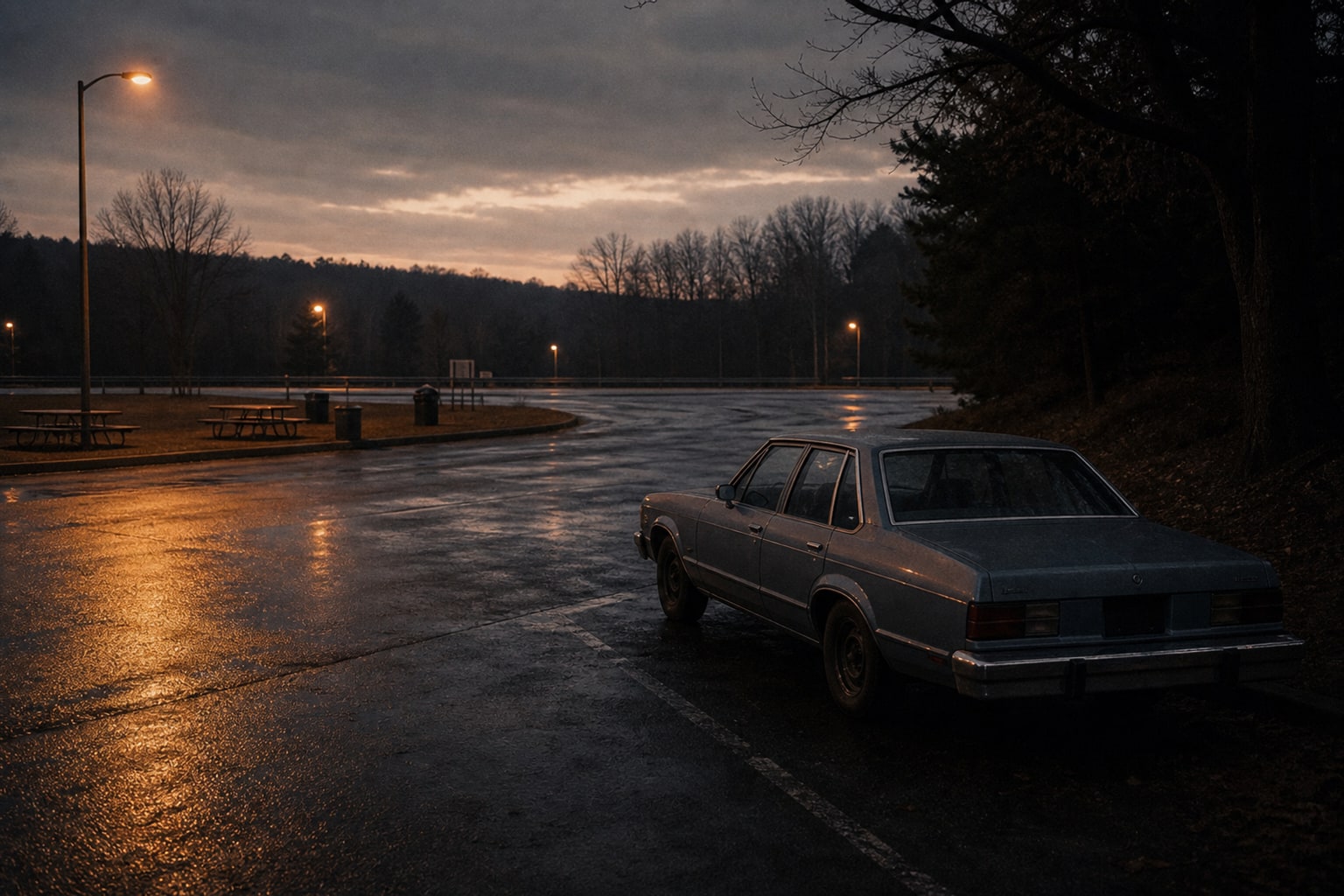 An empty rural interstate rest area at dusk represents the Daniel Lauer and Annamaria Phelps case.