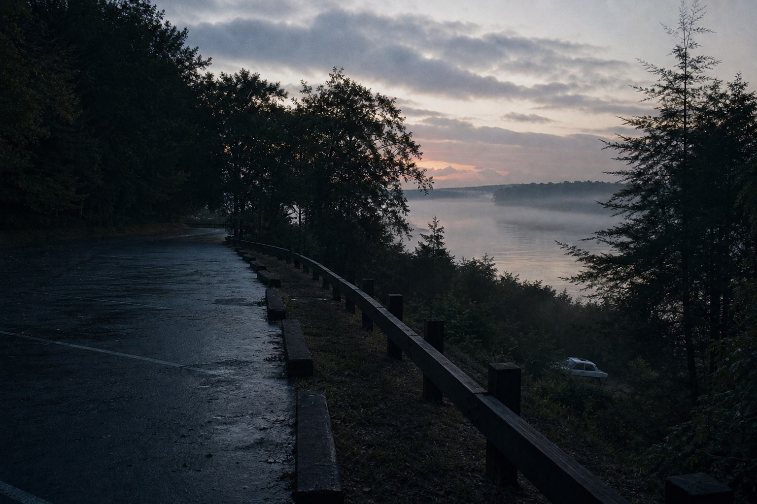 A lonely river overlook at dawn represents the first Colonial Parkway murders of Cathleen Thomas and Rebecca Dowski.