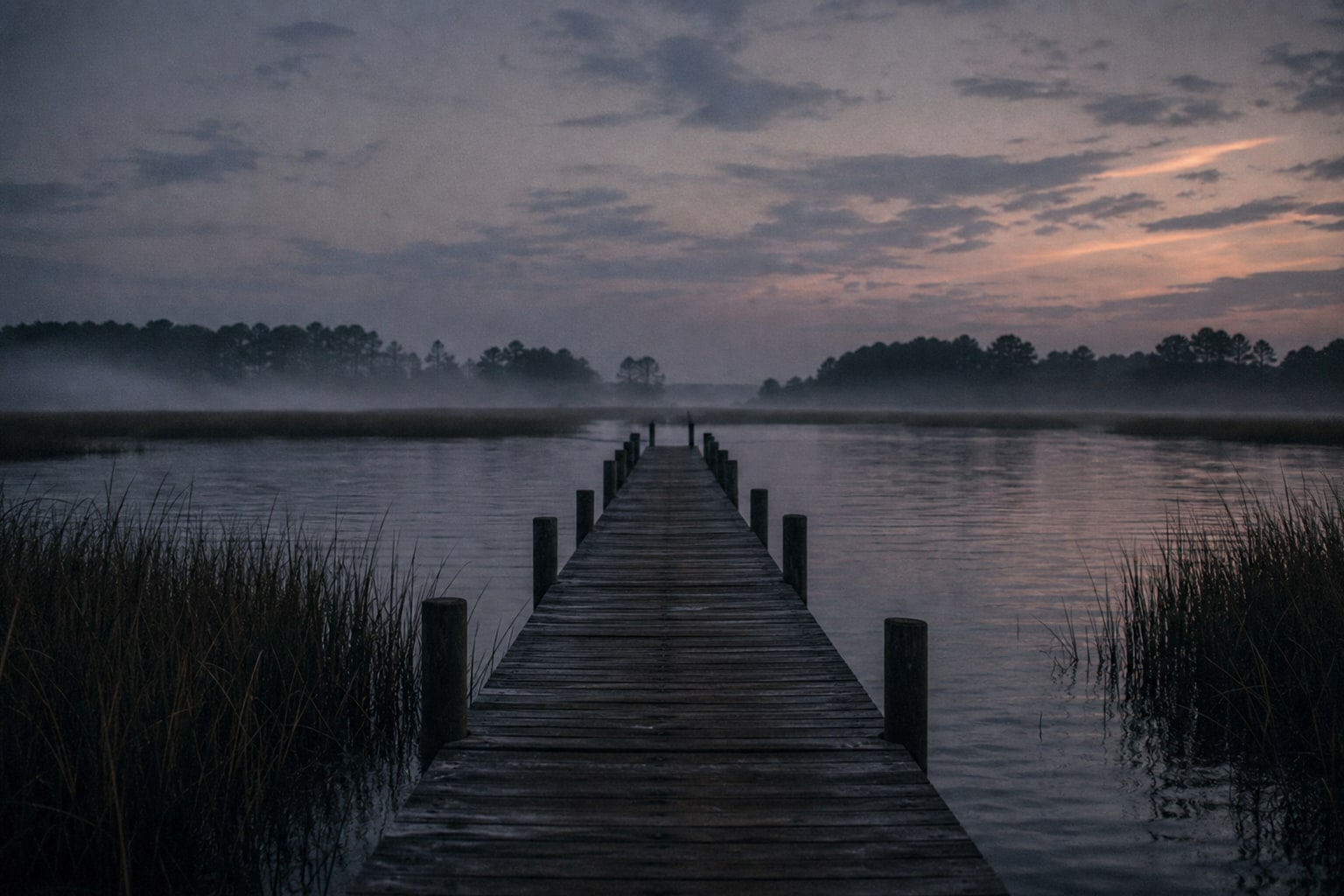 A weathered dock stretches into a foggy Tidewater river, representing what remains unresolved in the Colonial Parkway murders.