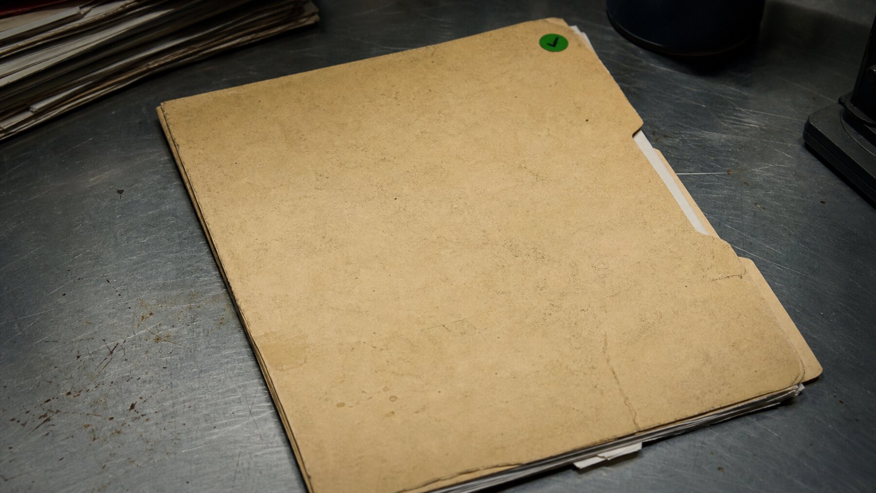 A manila folder on a metal desk with a small green check mark, representing the misfiled Delphi murders tip.