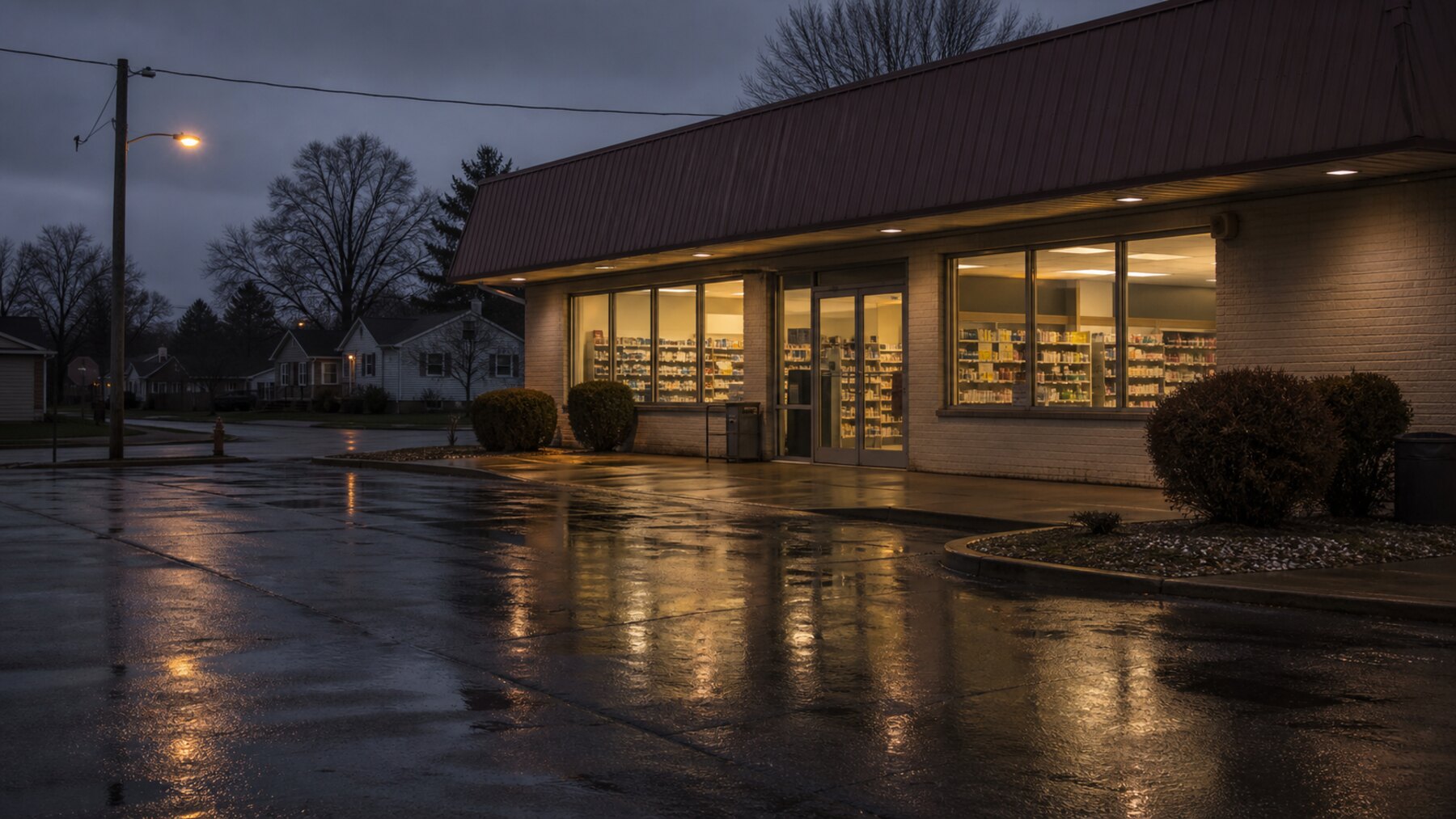 A generic small-town pharmacy storefront at dusk, representing Richard Allen living and working in ordinary Delphi community life.