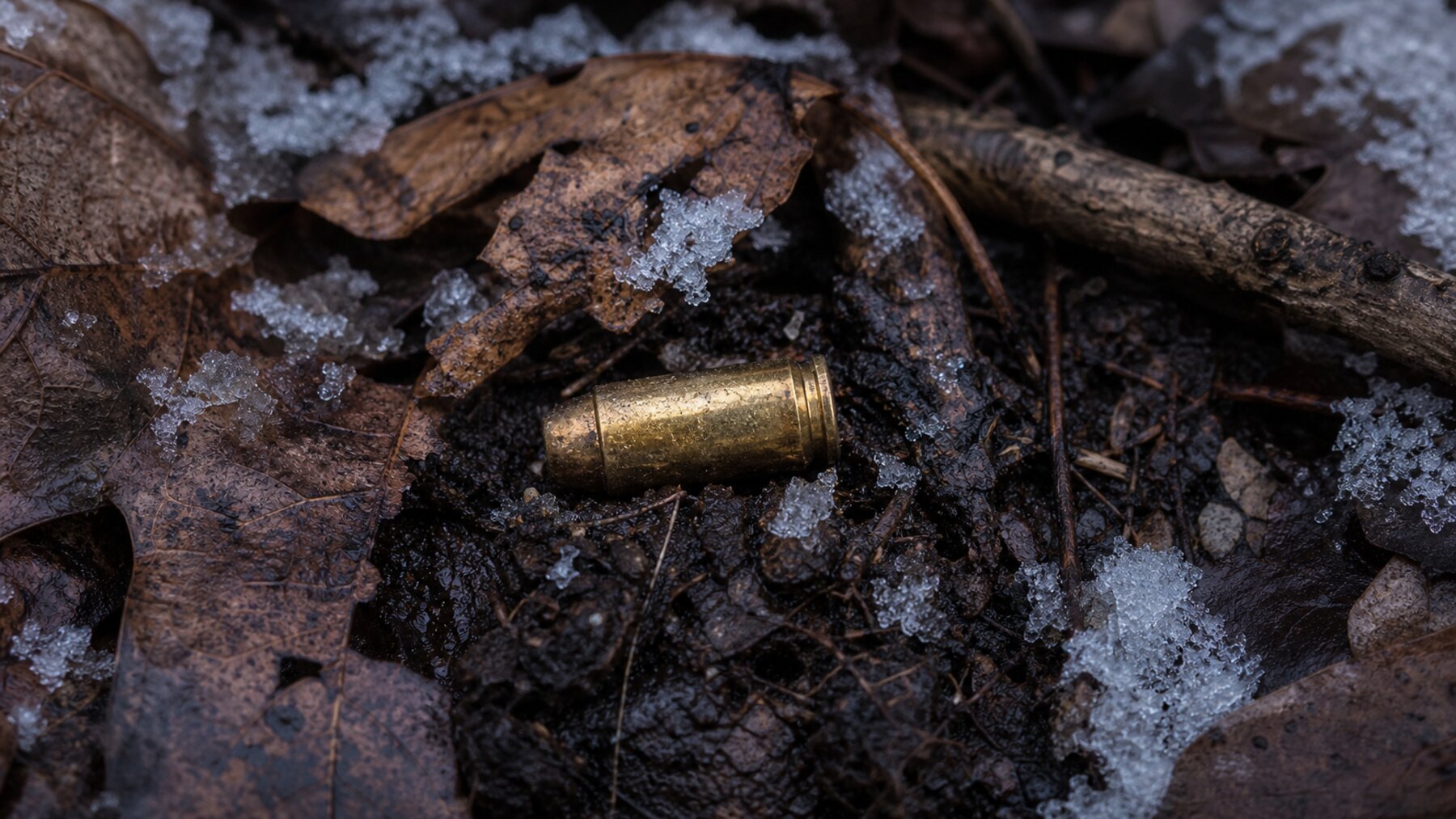 An unspent brass cartridge in damp woodland soil, representing the disputed cartridge evidence in the Delphi murders case.