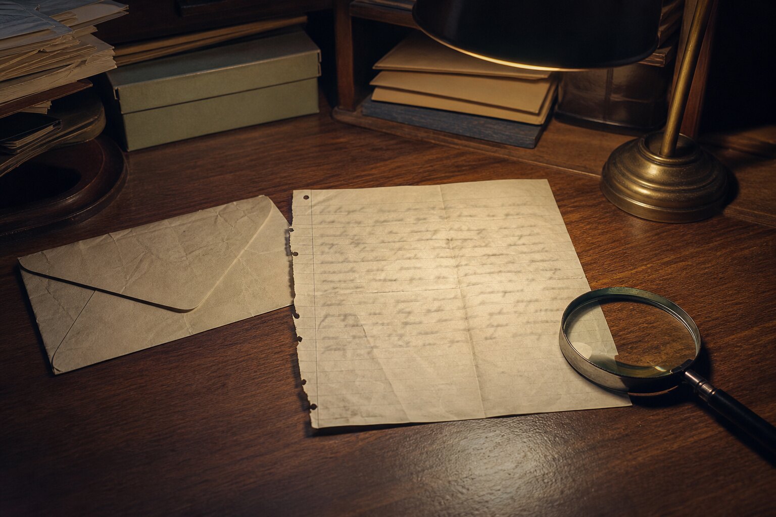 A suspicious handwritten letter on a 1970s detective desk evokes the Houston letter in the Fort Worth Missing Trio case.