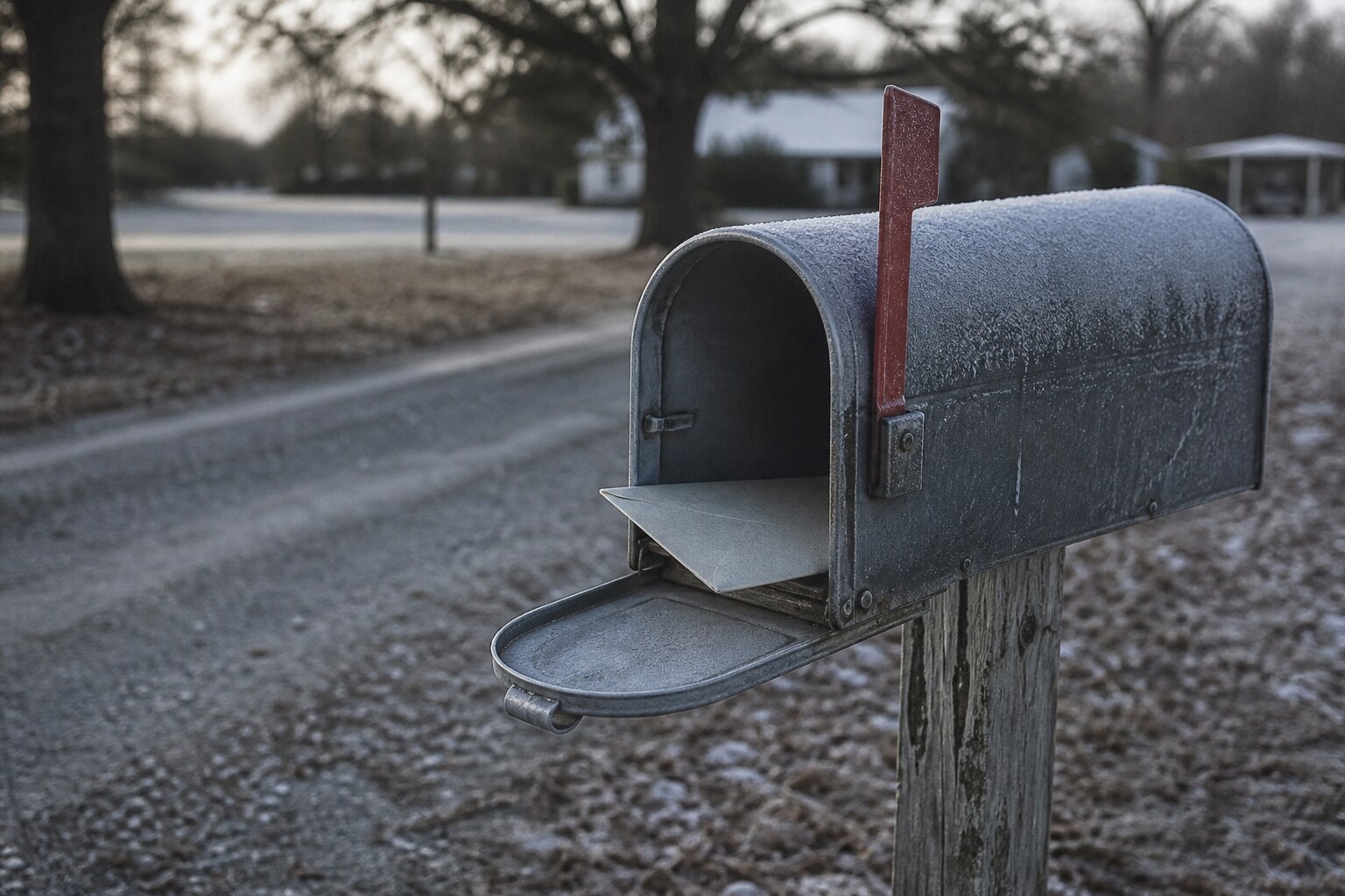 A frosted rural-suburban mailbox evokes the arrival of the suspicious Houston letter in the Fort Worth Missing Trio case.