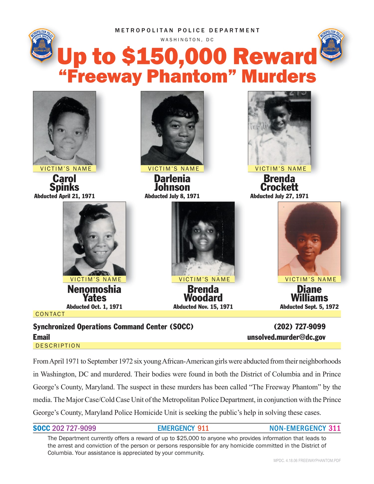 Official MPD Freeway Phantom reward flyer showing the six victims and reward information.