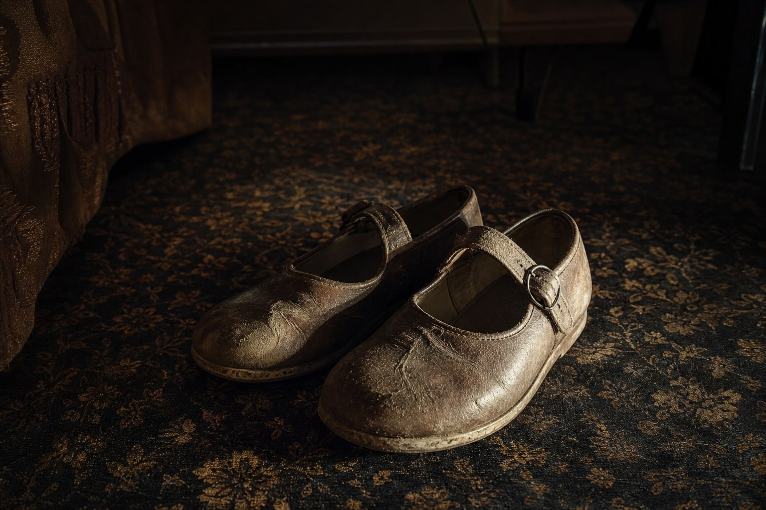 Vintage 1970s girl's shoes on patterned carpet, representing the missing-footwear evidence pattern.