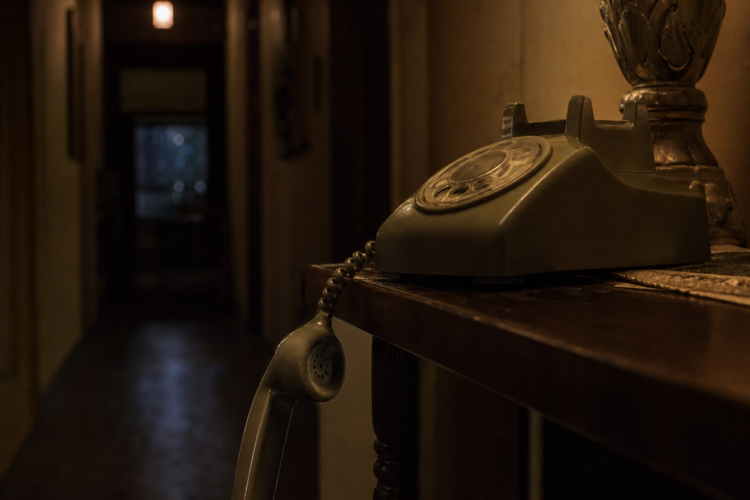 A 1970s rotary telephone with the receiver off the hook in a dim hallway, representing the Brenda Crockett calls.