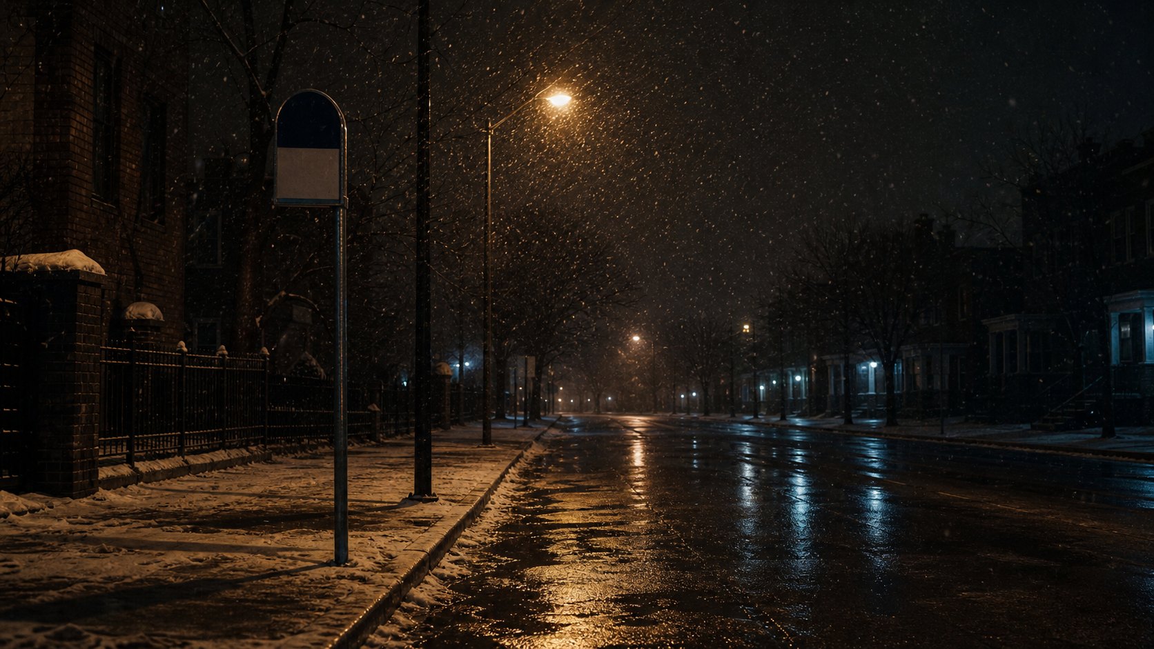 An empty 1950s-style Chicago bus stop on a snowy midnight street, representing the waiting family in the Grimes sisters case.