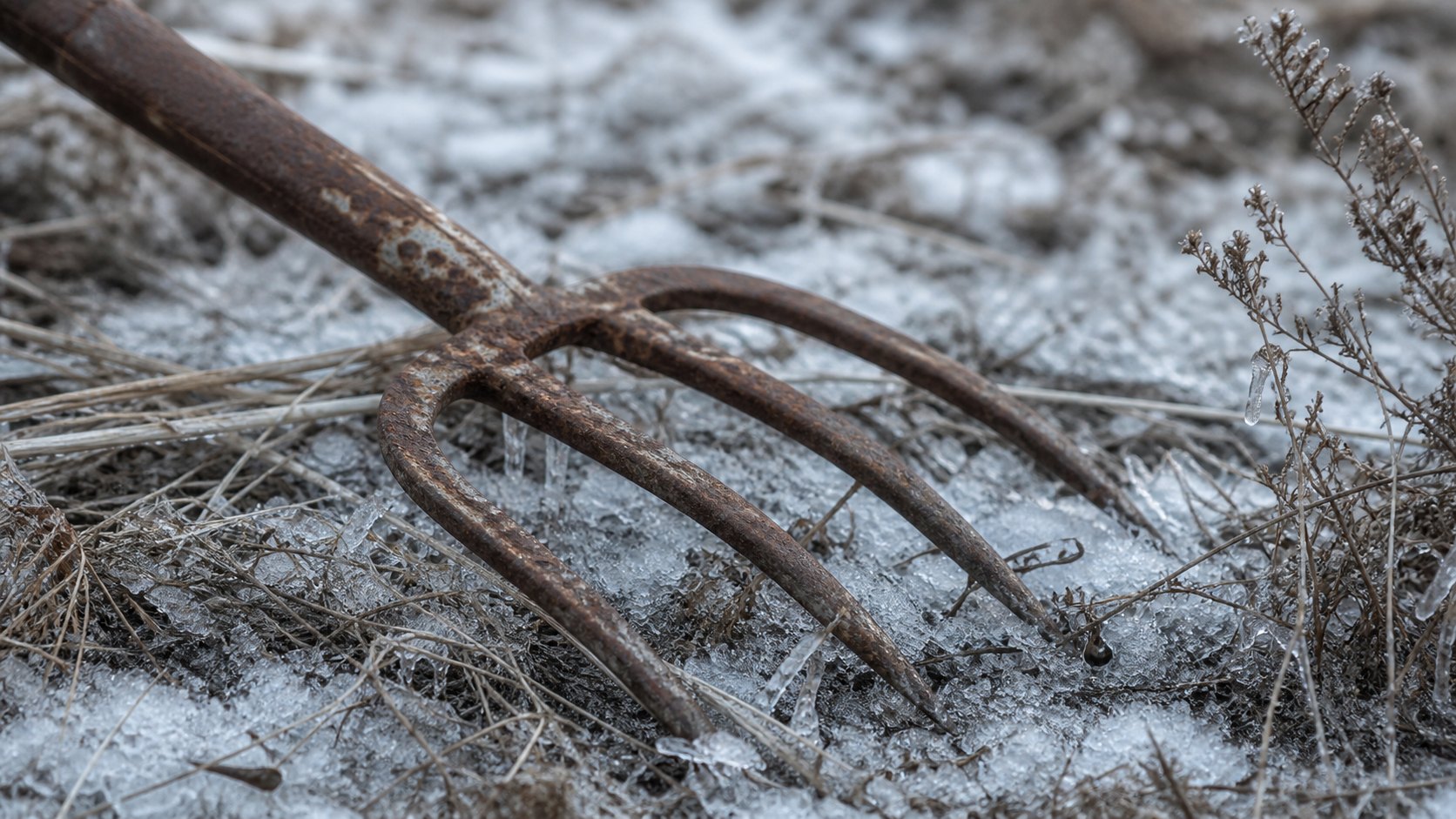 A rusted garden fork lying in frozen weeds and snow, representing disputed injury theories in the Grimes sisters case.