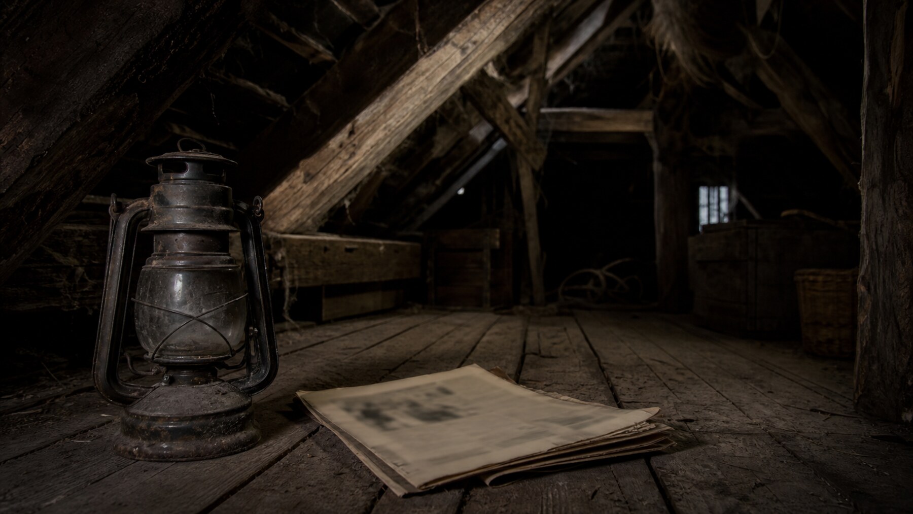 A dim farmhouse attic with an oil lantern and blurred newspaper evokes reports of noises before the Hinterkaifeck murders.