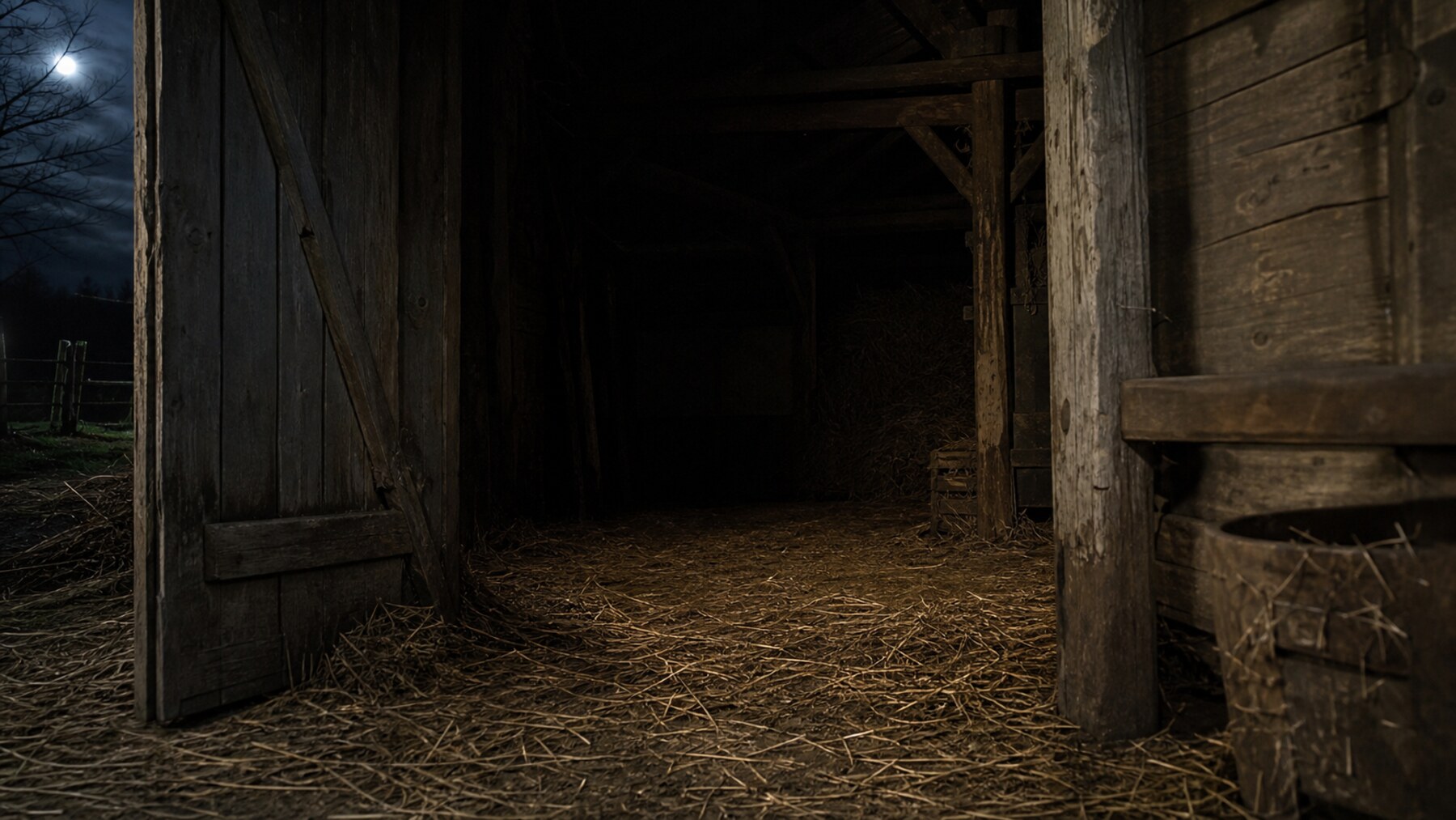An empty barn threshold with straw and rough wooden beams represents the central farm space in the Hinterkaifeck case.