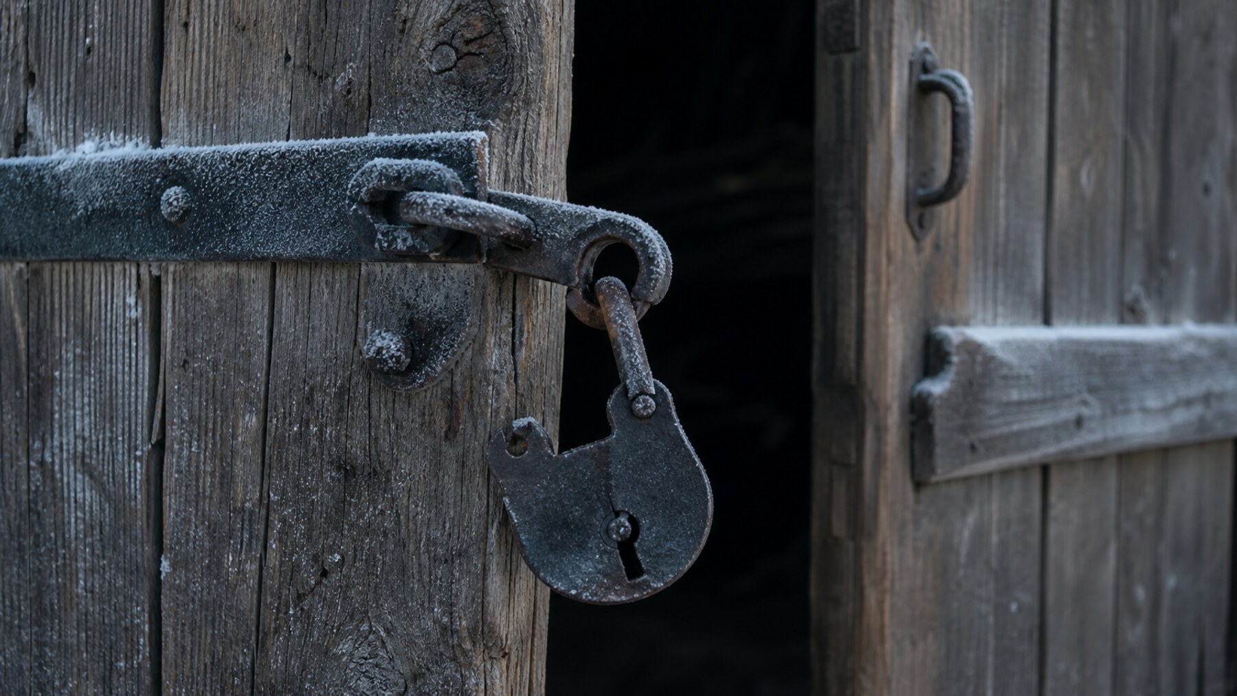 A broken iron padlock on a weathered farm door evokes the warnings before the Hinterkaifeck murders.