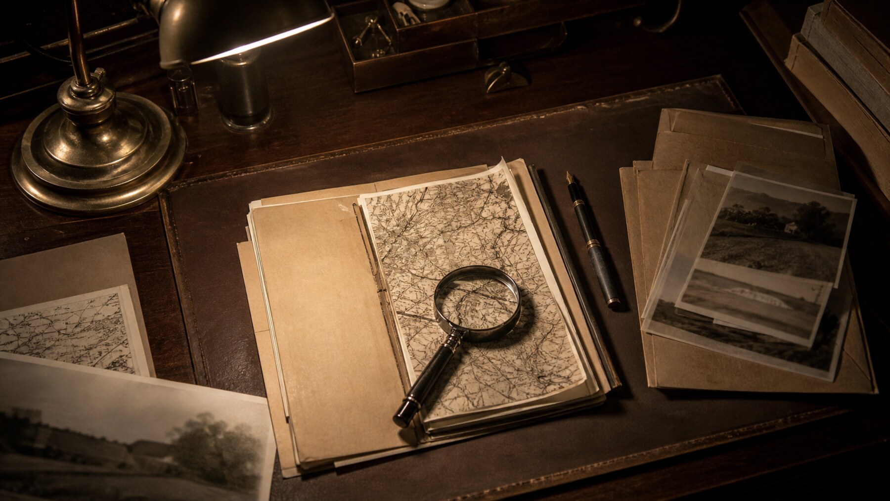 A period investigative desk with maps and case files represents the long unsolved Hinterkaifeck investigation.