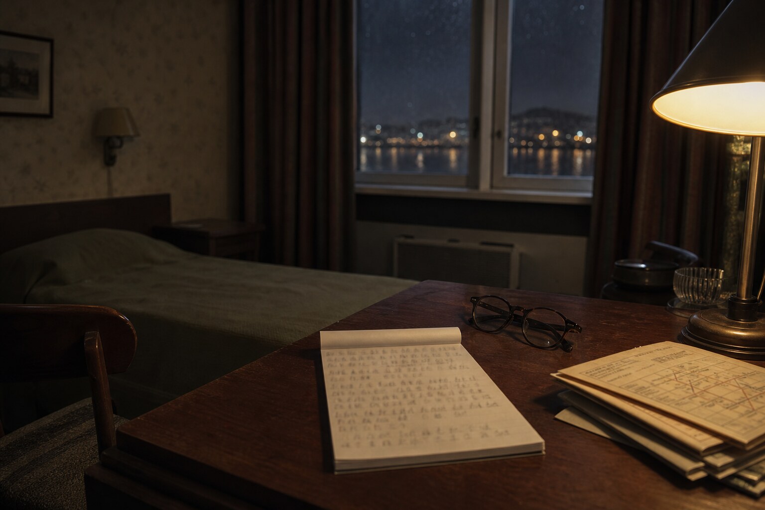 A coded notebook and dark-rimmed glasses on a hotel desk evoke the Isdal Woman travel notes.