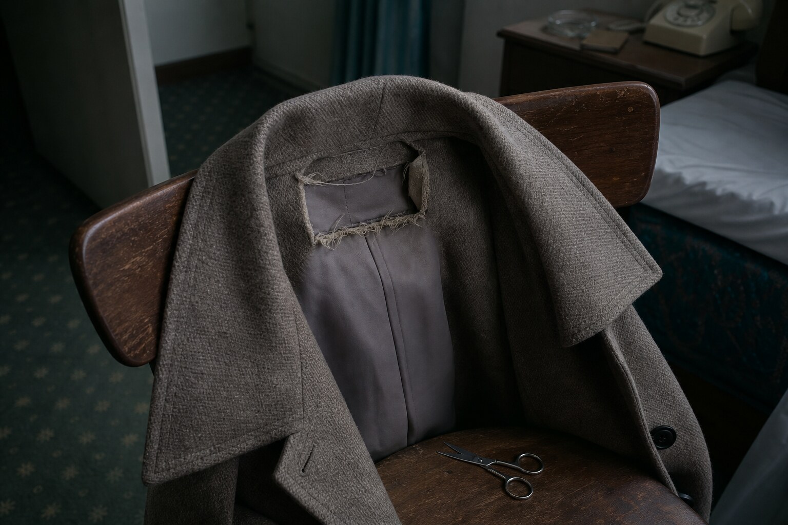 A wool coat with its inner label cut away evokes the identity-erasure clues in the Isdal Woman case.