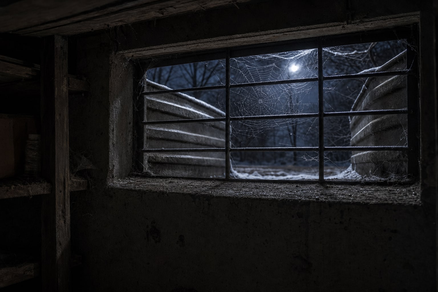A dusty basement window well with an intact spider web across the grate, representing the debated intruder theory.