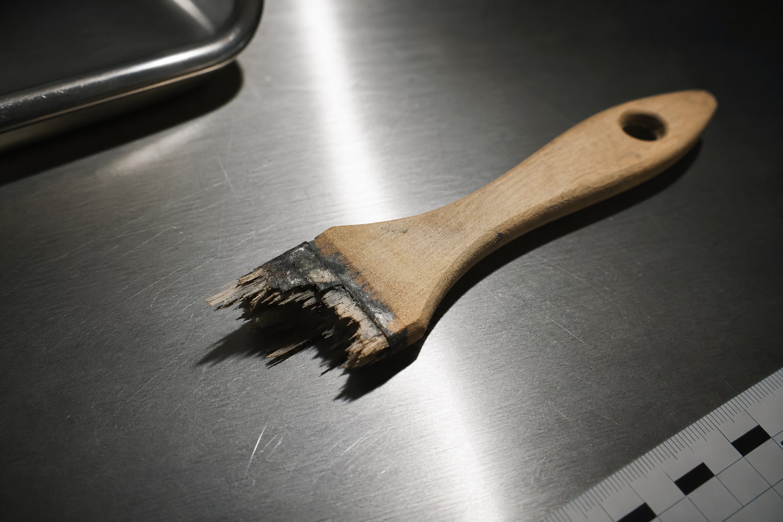 A broken wooden paintbrush handle on a sterile evidence surface, representing materials discussed in the Ramsey case.