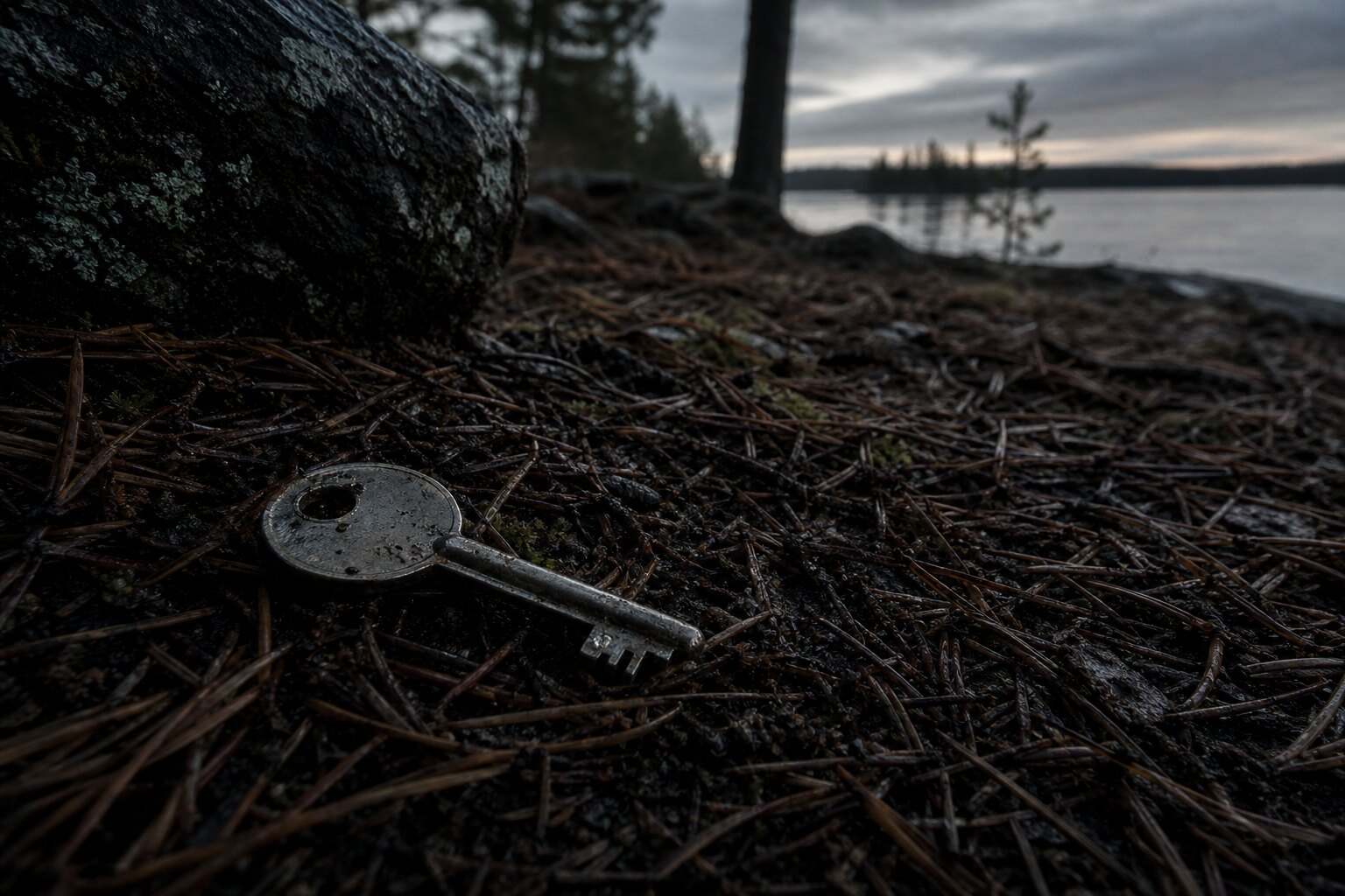 A vintage motorcycle key resting in damp pine needles near a Finnish lake, representing missing property in the Lake Bodom murders.