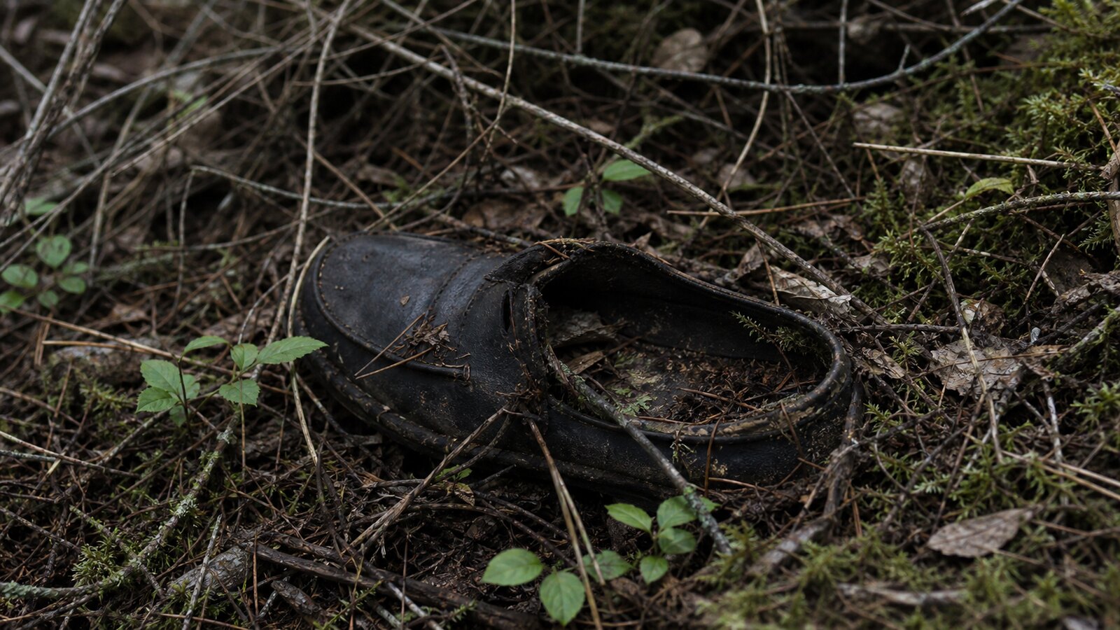A weathered dark leather shoe partly hidden in an early-summer Finnish forest ditch, representing the disputed shoe evidence in the Lake Bodom case.