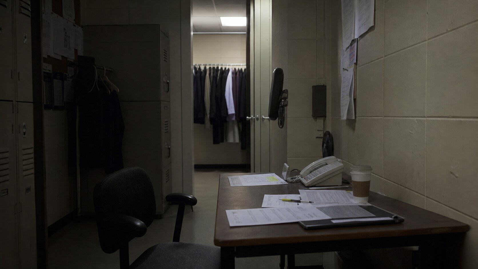 A dim retail back room with paperwork, a landline phone, and a coffee cup evokes evidence questions in the Lane Bryant murders.