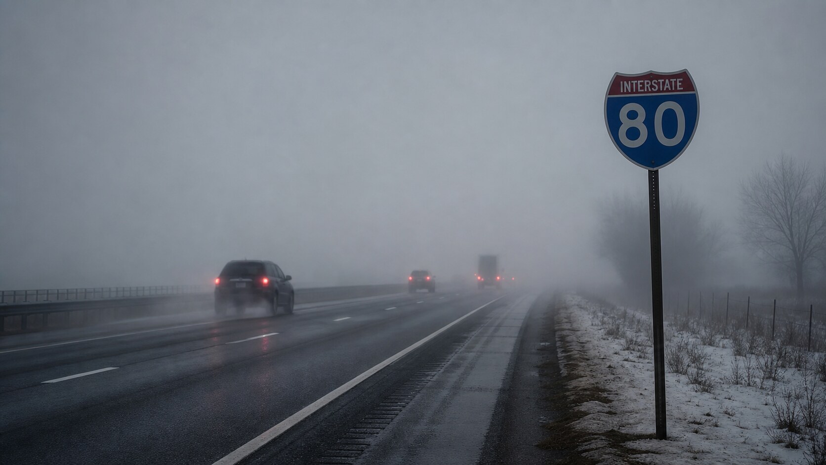 An Interstate 80 sign in winter fog evokes the unresolved escape-route theories in the Lane Bryant murders.