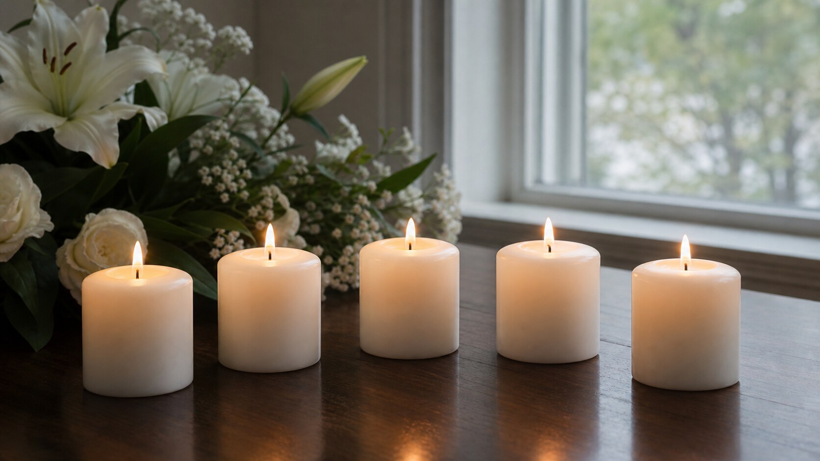 Five white memorial candles honor Rhoda McFarland, Jennifer Bishop, Sarah Szafranski, Carrie Hudek Chiuso, and Connie Woolfolk.