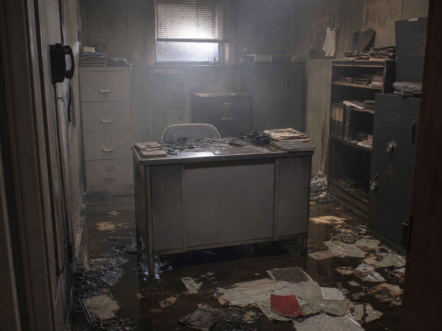 A smoke-damaged 1990s bowling alley office recreation evokes the fire and water-damaged Las Cruces Bowl crime scene.