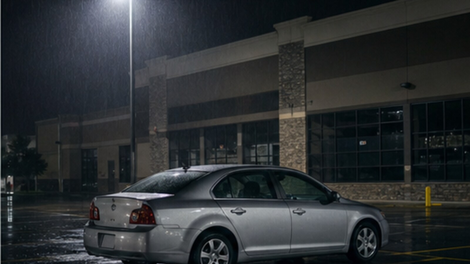 A light-colored early-2010s sedan under a rainy parking-lot lamp, representing the vehicle of interest near Creekside Church.