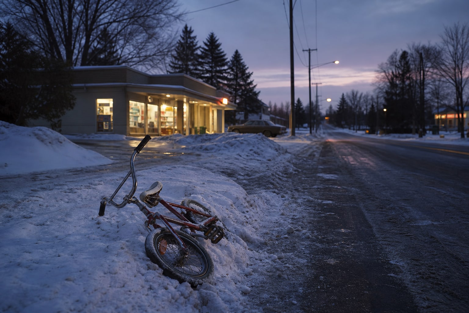 A child-size bicycle lying in a snowy 1970s suburban Michigan street near a small store, representing the Woodward Corridor abductions.